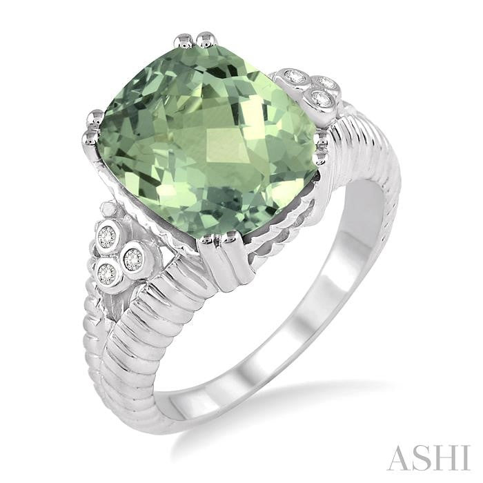 12x10 MM Cushion Shape Green Amethyst and 1/20 Ctw Round Cut Diamond Ring in Sterling Silver