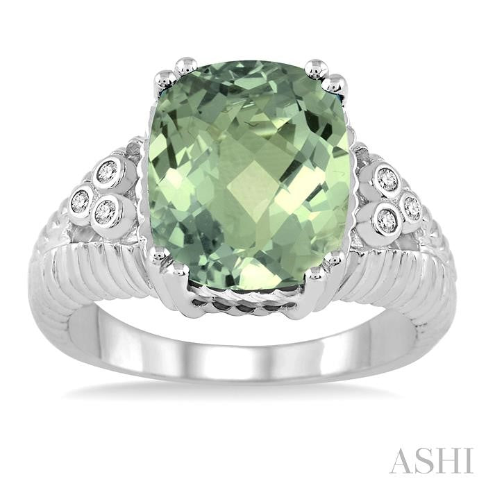 12x10 MM Cushion Shape Green Amethyst and 1/20 Ctw Round Cut Diamond Ring in Sterling Silver