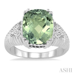 12x10 MM Cushion Shape Green Amethyst and 1/20 Ctw Round Cut Diamond Ring in Sterling Silver