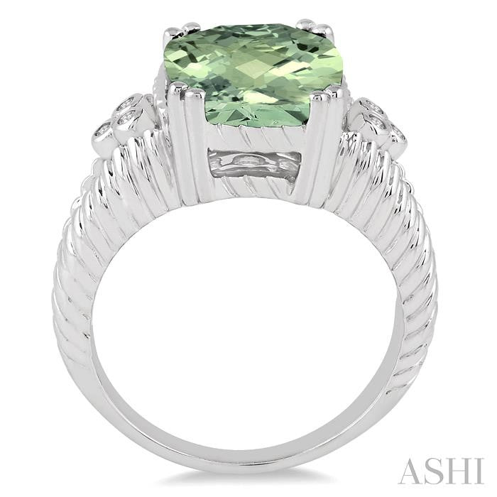 12x10 MM Cushion Shape Green Amethyst and 1/20 Ctw Round Cut Diamond Ring in Sterling Silver