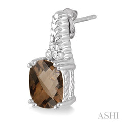 9x7 MM Cushion Shape Smoky Quartz and 1/20 Ctw Round Cut Diamond Earrings in Sterling Silver