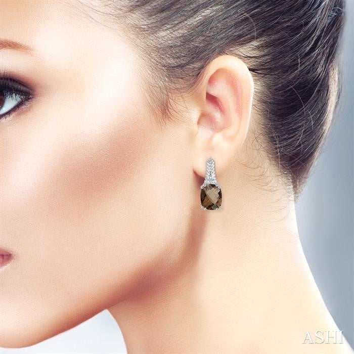 9x7 MM Cushion Shape Smoky Quartz and 1/20 Ctw Round Cut Diamond Earrings in Sterling Silver