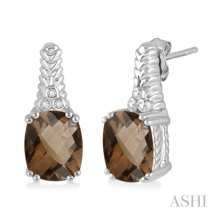 9x7 MM Cushion Shape Smoky Quartz and 1/20 Ctw Round Cut Diamond Earrings in Sterling Silver
