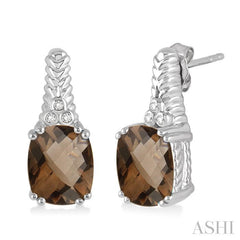 9x7 MM Cushion Shape Smoky Quartz and 1/20 Ctw Round Cut Diamond Earrings in Sterling Silver
