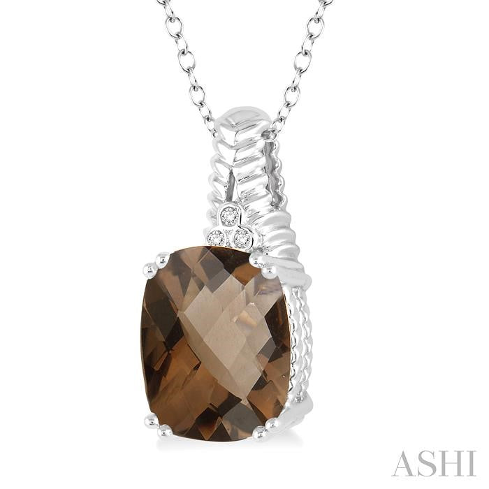 12x10 MM Cushion Shape Smoky Quartz and 1/50 Ctw Round Cut Diamond Pendant in Sterling Silver with Chain