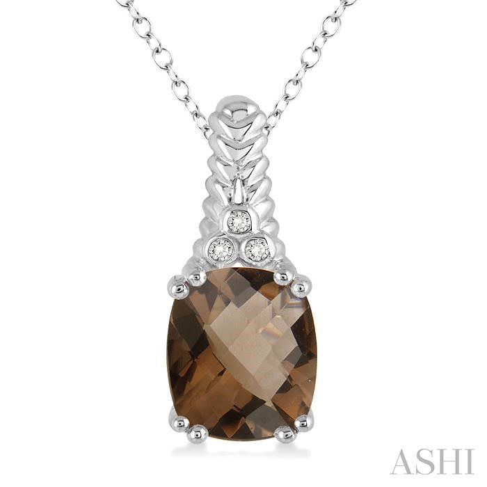 12x10 MM Cushion Shape Smoky Quartz and 1/50 Ctw Round Cut Diamond Pendant in Sterling Silver with Chain