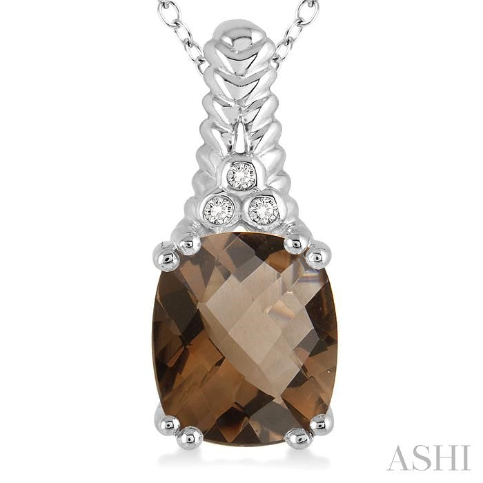 12x10 MM Cushion Shape Smoky Quartz and 1/50 Ctw Round Cut Diamond Pendant in Sterling Silver with Chain