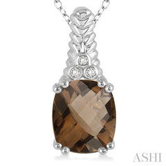 12x10 MM Cushion Shape Smoky Quartz and 1/50 Ctw Round Cut Diamond Pendant in Sterling Silver with Chain