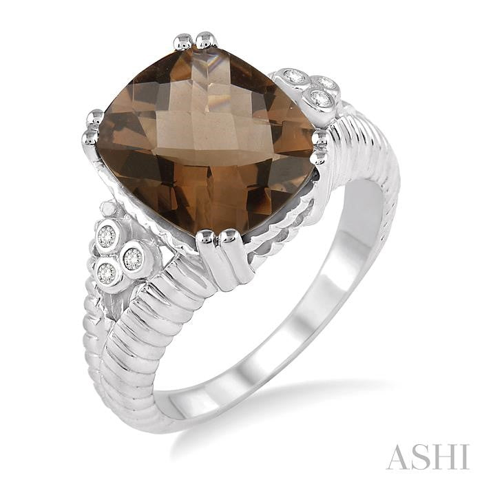 12x10 MM Cushion Shape Smoky Quartz and 1/20 Ctw Round Cut Diamond Ring in Sterling Silver
