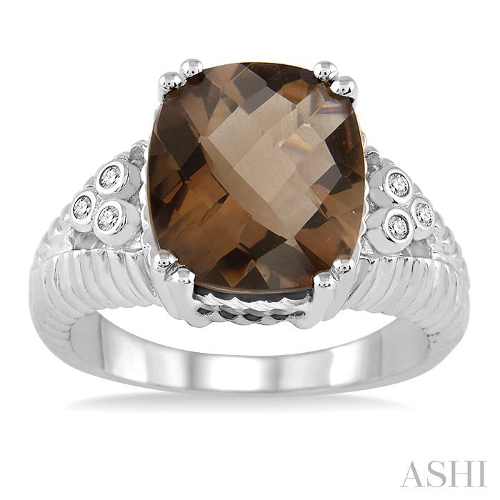 12x10 MM Cushion Shape Smoky Quartz and 1/20 Ctw Round Cut Diamond Ring in Sterling Silver