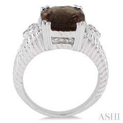 12x10 MM Cushion Shape Smoky Quartz and 1/20 Ctw Round Cut Diamond Ring in Sterling Silver