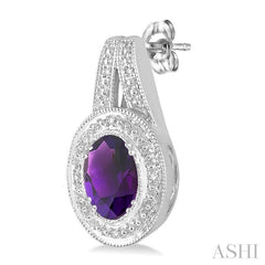 8x6 MM Oval Cut Amethyst and 1/20 Ctw Round Cut Diamond Earrings in Sterling Silver