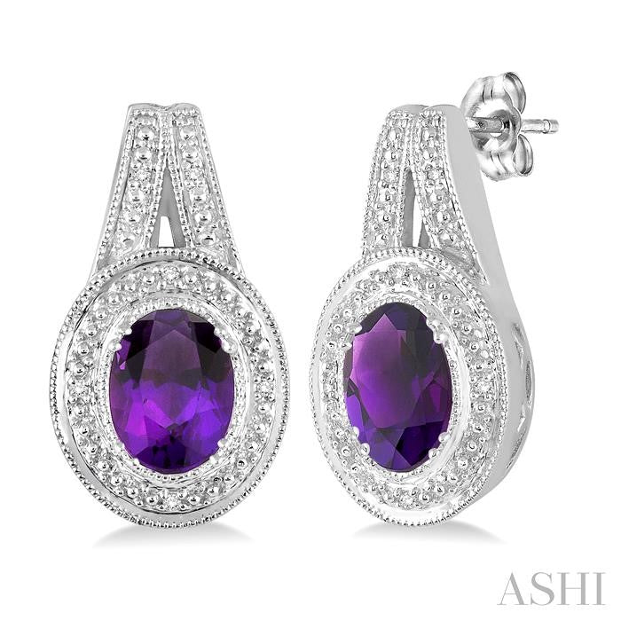 8x6 MM Oval Cut Amethyst and 1/20 Ctw Round Cut Diamond Earrings in Sterling Silver