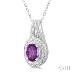 9x7 MM Oval Cut Amethyst and 1/20 Ctw Round Cut Diamond Pendant in Sterling Silver with Chain
