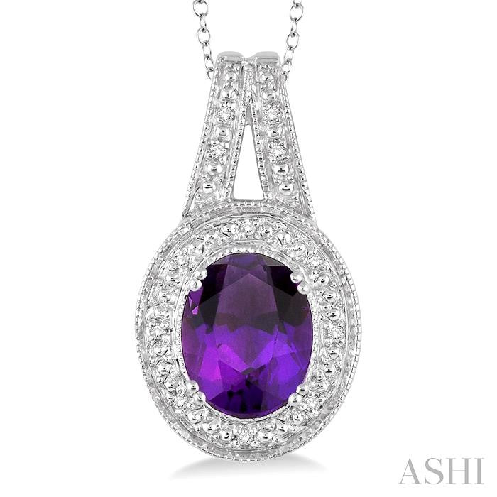 9x7 MM Oval Cut Amethyst and 1/20 Ctw Round Cut Diamond Pendant in Sterling Silver with Chain