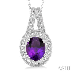9x7 MM Oval Cut Amethyst and 1/20 Ctw Round Cut Diamond Pendant in Sterling Silver with Chain