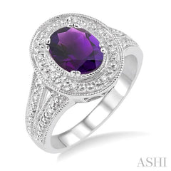 9x7 MM Oval Cut Amethyst and 1/20 Ctw Round Cut Diamond Ring in Sterling Silver