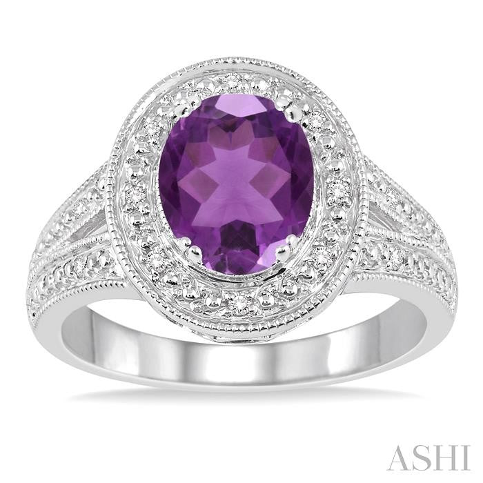 9x7 MM Oval Cut Amethyst and 1/20 Ctw Round Cut Diamond Ring in Sterling Silver