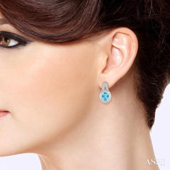 8x6 MM Oval Cut Blue Topaz a and 1/20 Ctw Round Cut Diamond Earrings in Sterling Silver