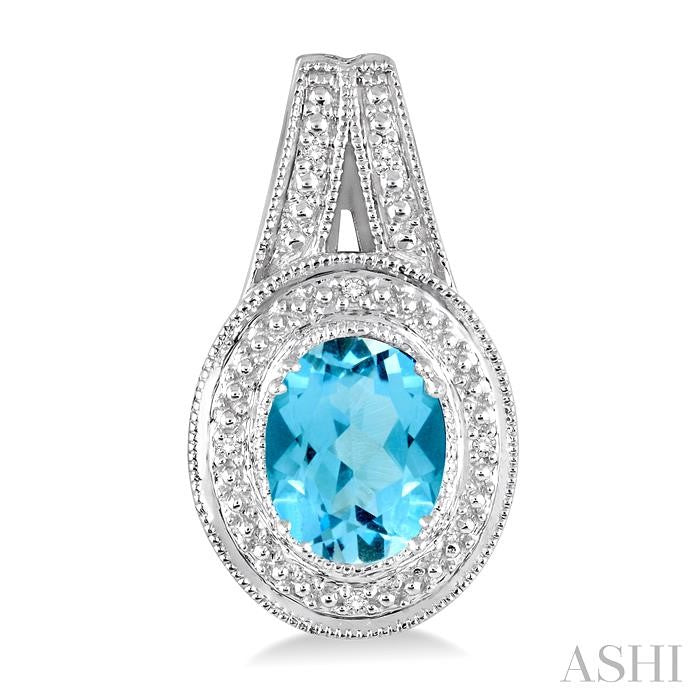 8x6 MM Oval Cut Blue Topaz a and 1/20 Ctw Round Cut Diamond Earrings in Sterling Silver