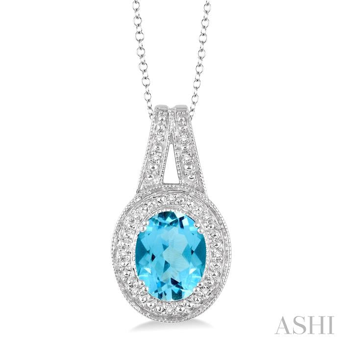 9x7 MM Oval Cut Blue Topaz a and 1/20 Ctw Round Cut Diamond Pendant in Sterling Silver with Chain