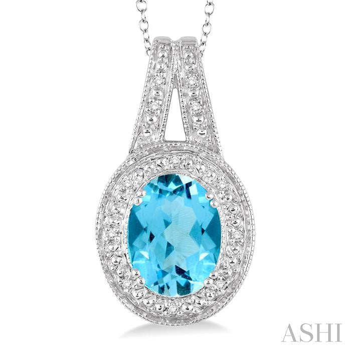 9x7 MM Oval Cut Blue Topaz a and 1/20 Ctw Round Cut Diamond Pendant in Sterling Silver with Chain