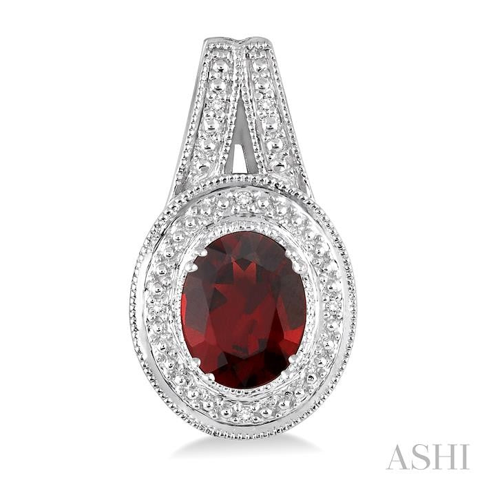 8x6 MM Oval Cut Garnet and 1/20 Ctw Round Cut Diamond Earrings in Sterling Silver