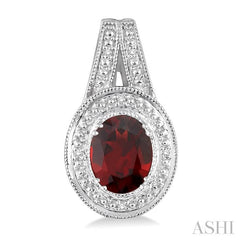 8x6 MM Oval Cut Garnet and 1/20 Ctw Round Cut Diamond Earrings in Sterling Silver