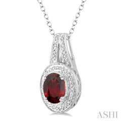 9x7 MM Oval Cut Garnet and 1/20 Ctw Round Cut Diamond Pendant in Sterling Silver with Chain