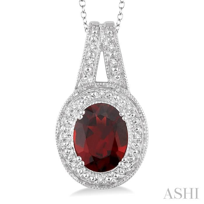 9x7 MM Oval Cut Garnet and 1/20 Ctw Round Cut Diamond Pendant in Sterling Silver with Chain