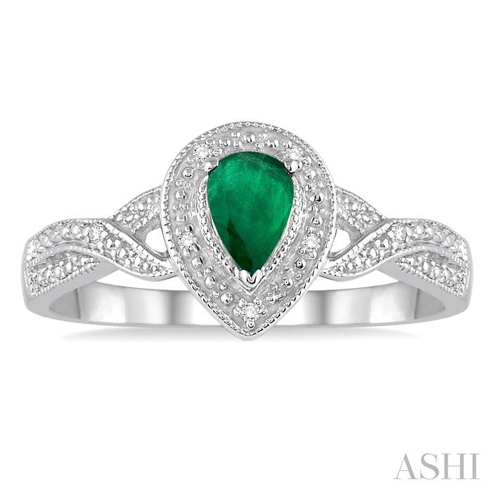 6x4 MM Pear Shape Emerald and 1/50 Ctw Round Cut Diamond Ring in Sterling Silver