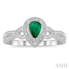 6x4 MM Pear Shape Emerald and 1/50 Ctw Round Cut Diamond Ring in Sterling Silver