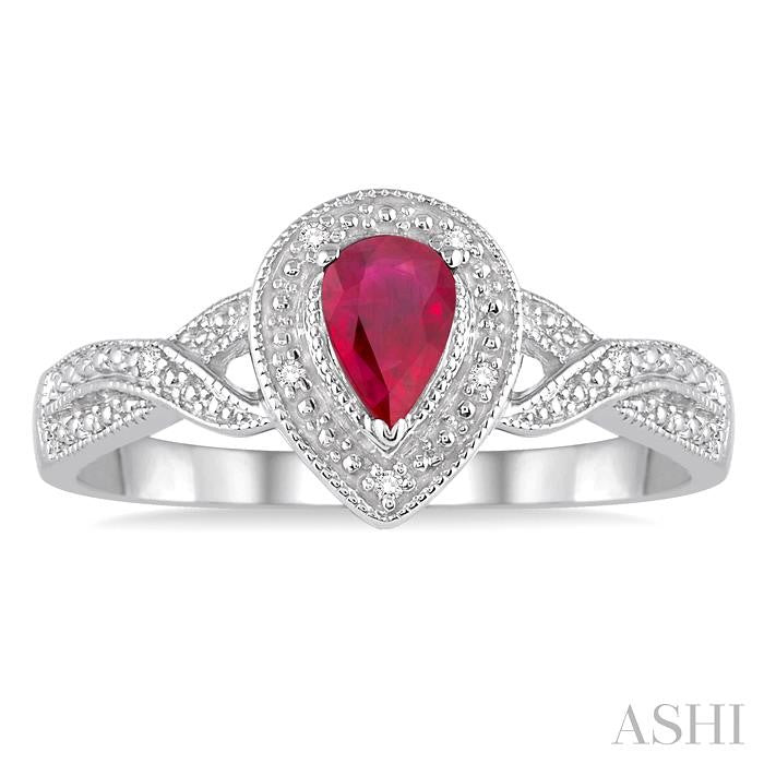 6x4 MM Pear Shape Ruby and 1/50 Ctw Round Cut Diamond Ring in Sterling Silver