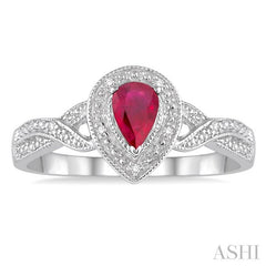 6x4 MM Pear Shape Ruby and 1/50 Ctw Round Cut Diamond Ring in Sterling Silver