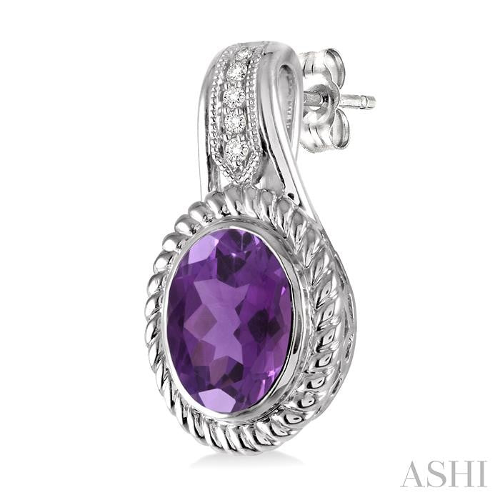 9x7 MM Oval Cut Amethyst and 1/20 Ctw Round Cut Diamond Earrings in Sterling Silver