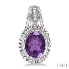 9x7 MM Oval Cut Amethyst and 1/20 Ctw Round Cut Diamond Earrings in Sterling Silver