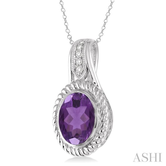 10x8 MM Oval Cut Amethyst and 1/20 Ctw Round Cut Diamond Pendant in Sterling Silver with Chain