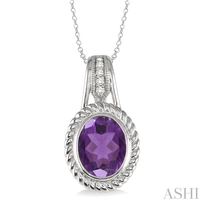 10x8 MM Oval Cut Amethyst and 1/20 Ctw Round Cut Diamond Pendant in Sterling Silver with Chain