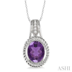 10x8 MM Oval Cut Amethyst and 1/20 Ctw Round Cut Diamond Pendant in Sterling Silver with Chain