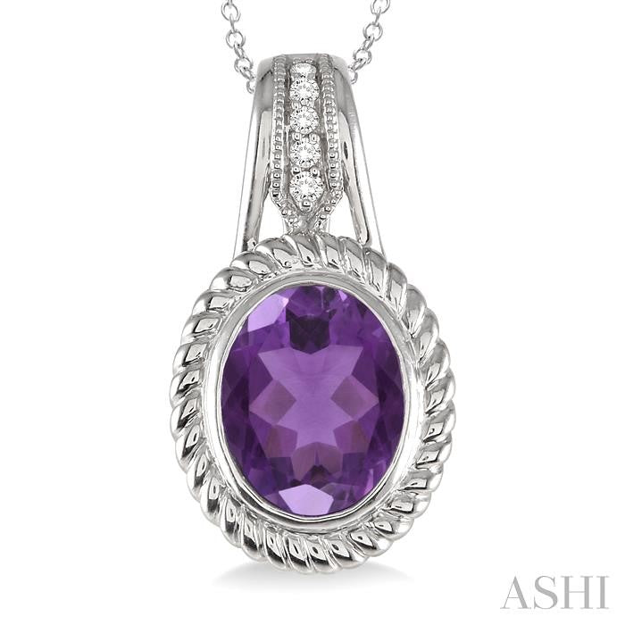 10x8 MM Oval Cut Amethyst and 1/20 Ctw Round Cut Diamond Pendant in Sterling Silver with Chain