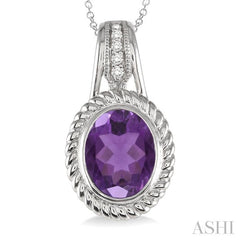 10x8 MM Oval Cut Amethyst and 1/20 Ctw Round Cut Diamond Pendant in Sterling Silver with Chain