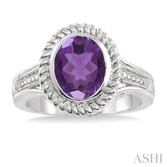 10x8 MM Oval Cut Amethyst and 1/20 Ctw Round Cut Diamond Ring in Sterling Silver