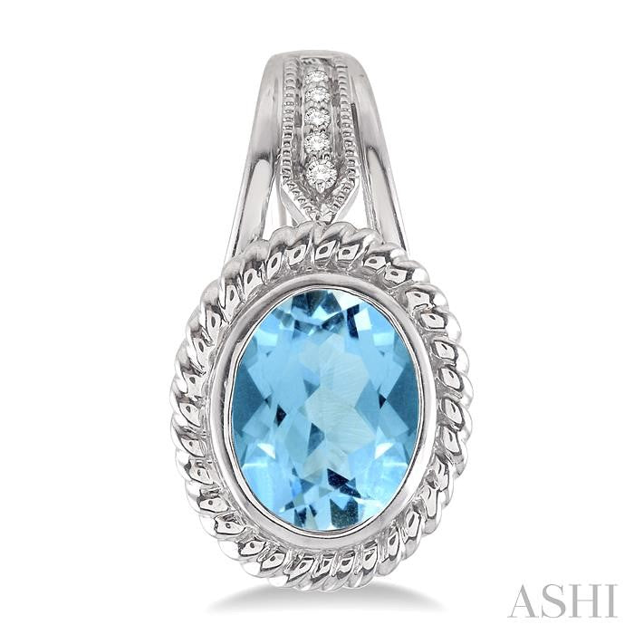 9x7 MM Oval Cut Blue Topaz and 1/20 Ctw Round Cut Diamond Earrings in Sterling Silver