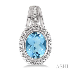 9x7 MM Oval Cut Blue Topaz and 1/20 Ctw Round Cut Diamond Earrings in Sterling Silver