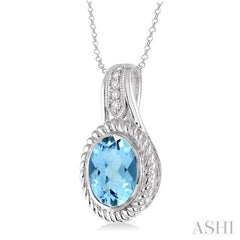 10x8 MM Oval Cut Blue Topaz and 1/20 Ctw Round Cut Diamond Pendant in Sterling Silver with Chain