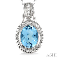 10x8 MM Oval Cut Blue Topaz and 1/20 Ctw Round Cut Diamond Pendant in Sterling Silver with Chain