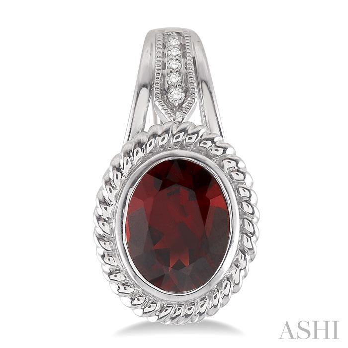 9x7 MM Oval Cut Garnet and 1/20 Ctw Round Cut Diamond Earrings in Sterling Silver