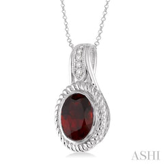 10x8 MM Oval Cut Garnet and 1/20 Ctw Round Cut Diamond Pendant in Sterling Silver with Chain