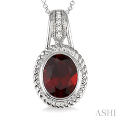 10x8 MM Oval Cut Garnet and 1/20 Ctw Round Cut Diamond Pendant in Sterling Silver with Chain