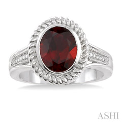 10x8 MM Oval Cut Garnet and 1/20 Ctw Round Cut Diamond Ring in Sterling Silver